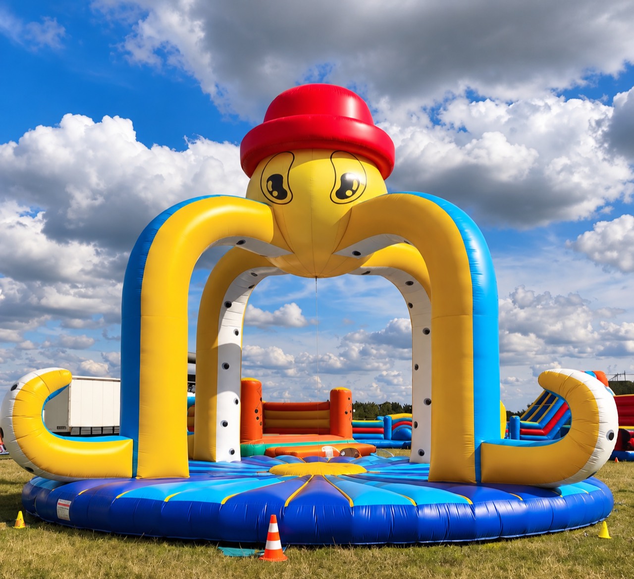 Gelbe aufblasbare Krake mit rotem Hut auf einer blau-bunten Hüpfattraktion im Fun City Park